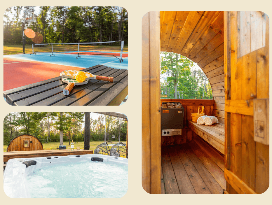 Hot tub, sauna, pickleball court at The Windmoor Lodge in Grayling, MI