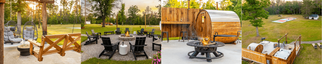 Pictures of The Windmoor Lodge outside amenities: fire pit, sauna, pickleball and basketball court.